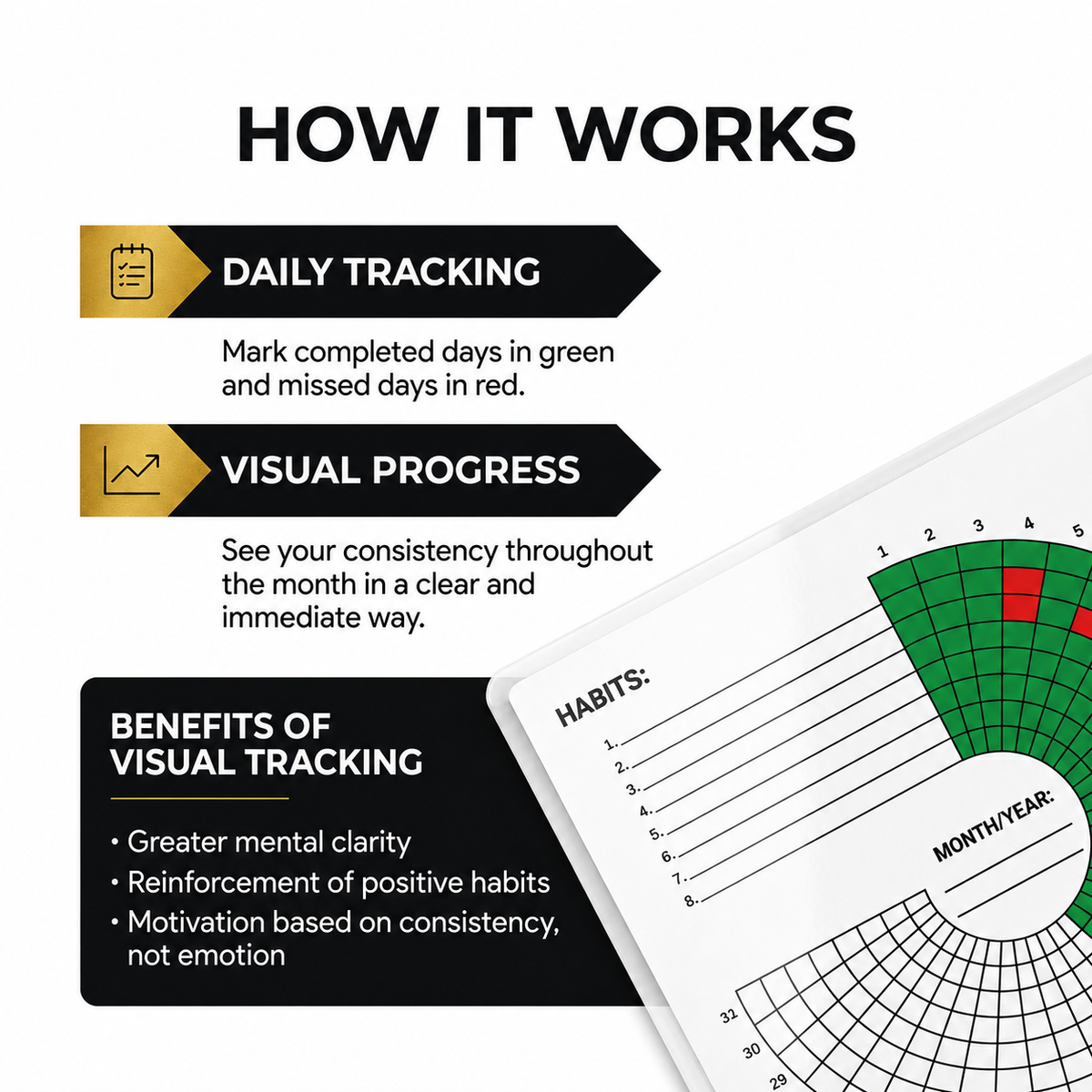 Infographic explaining how the DISCIPLINE habit tracking calendar works: daily tracking, visual progress, and benefits