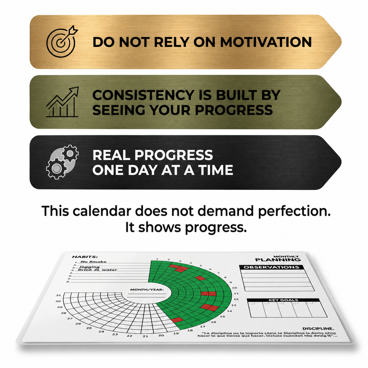 Motivational banner series with a DISCIPLINE calendar mockup tracking habits like no smoking, jogging, and drinking water