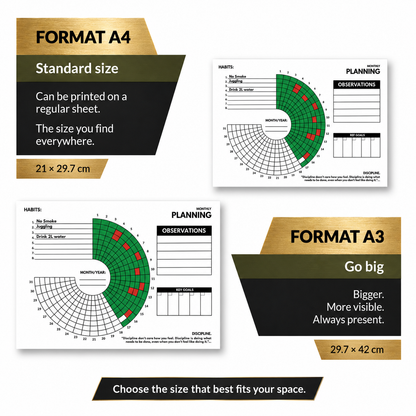 DISCIPLINE habit tracking calendar shown in A4 and A3 print sizes