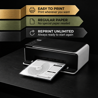 Printer printing the DISCIPLINE habit tracking calendar on a black desk