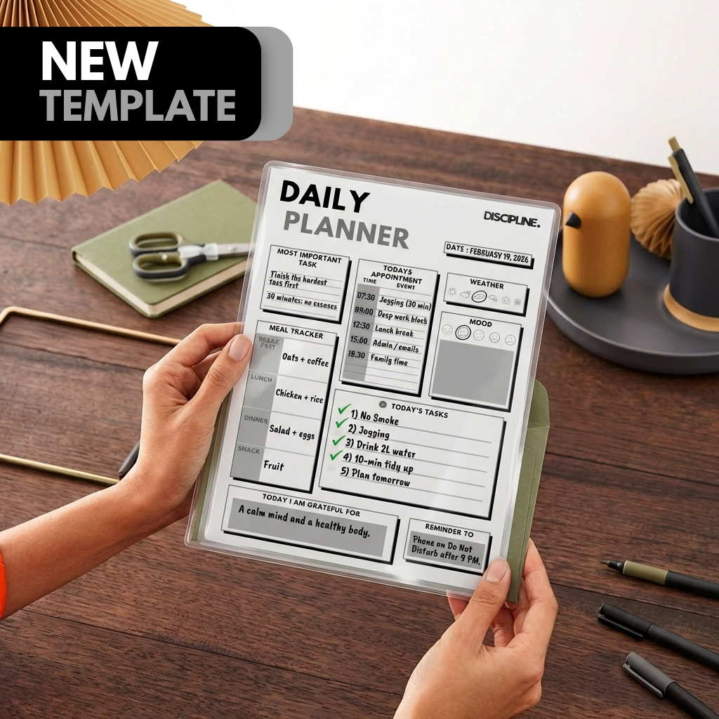 Hands holding a printed DISCIPLINE daily planner template on a wooden desk