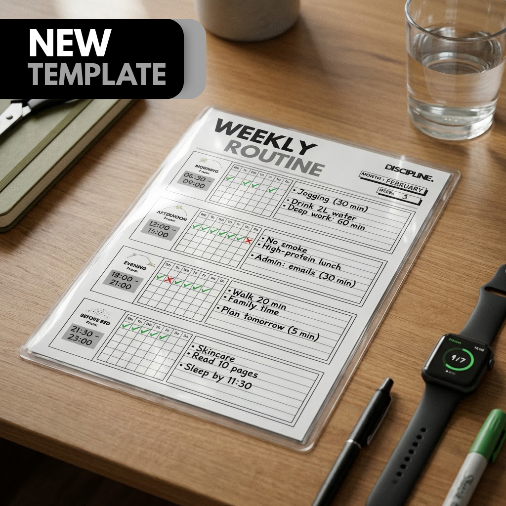 DISCIPLINE weekly routine planner template on a wooden desk with a smartwatch and pens