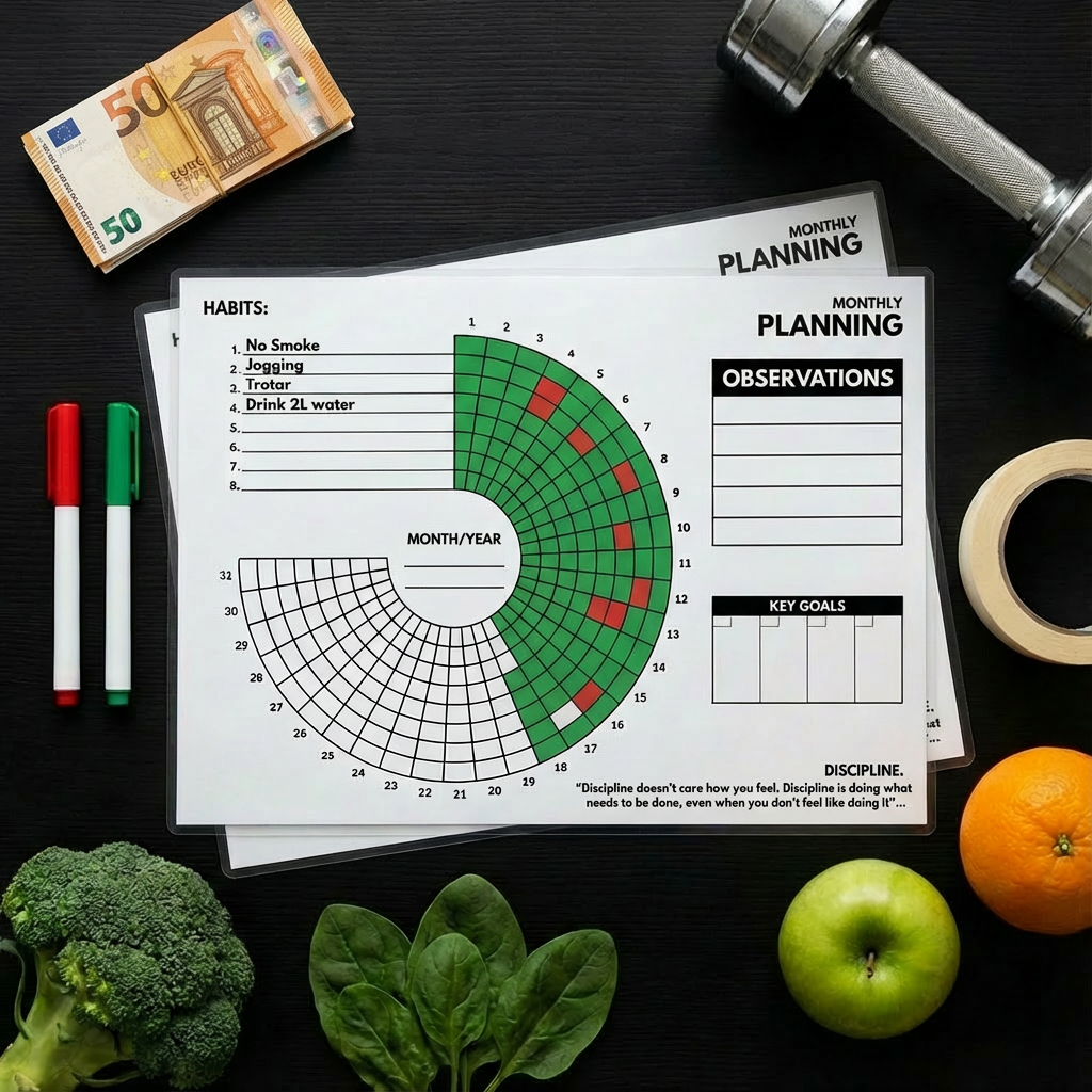 Flat lay of the DISCIPLINE monthly habit tracking calendar surrounded by euro banknotes, a dumbbell, markers, and fresh vegetables and fruit