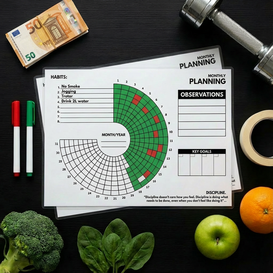 Flat lay of the DISCIPLINE monthly habit tracking calendar surrounded by euro banknotes, a dumbbell, markers, and fresh vegetables and fruit